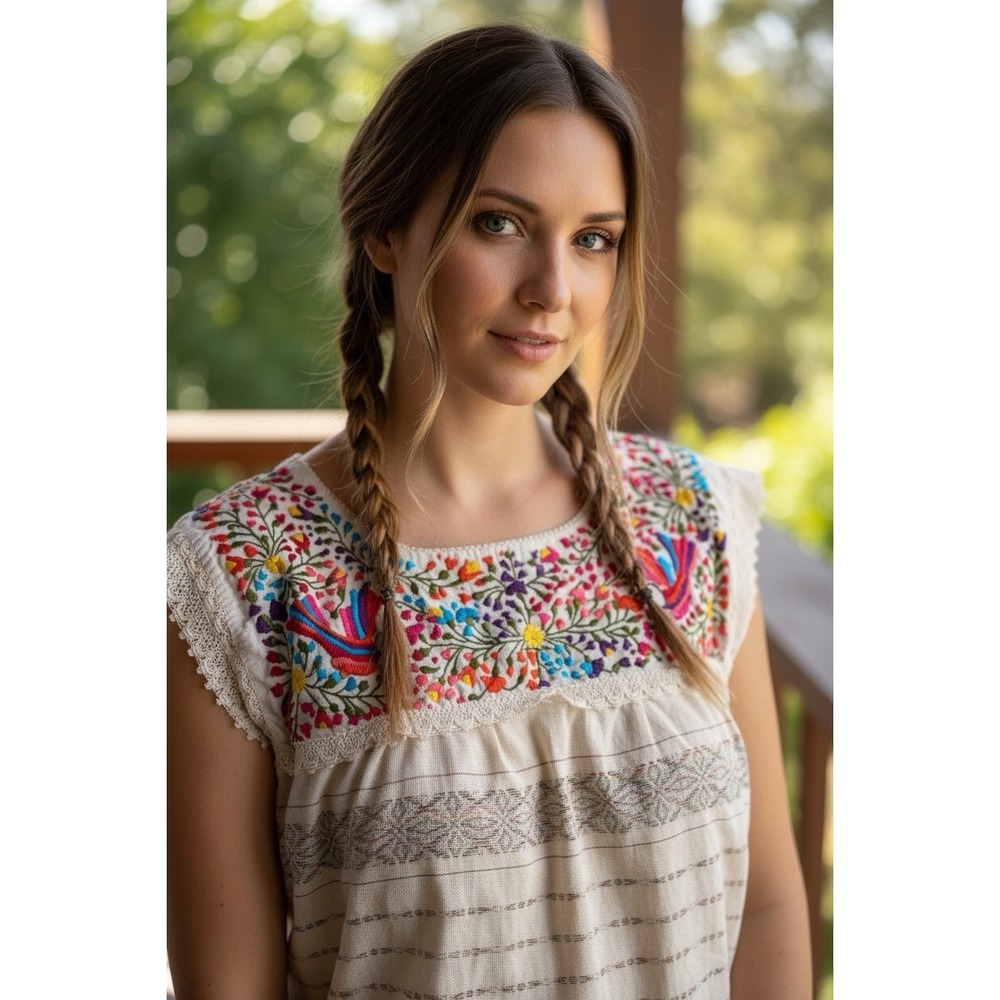New Mexican Peasant Blouse Women Off White Embroidery Vintage Huipil Top